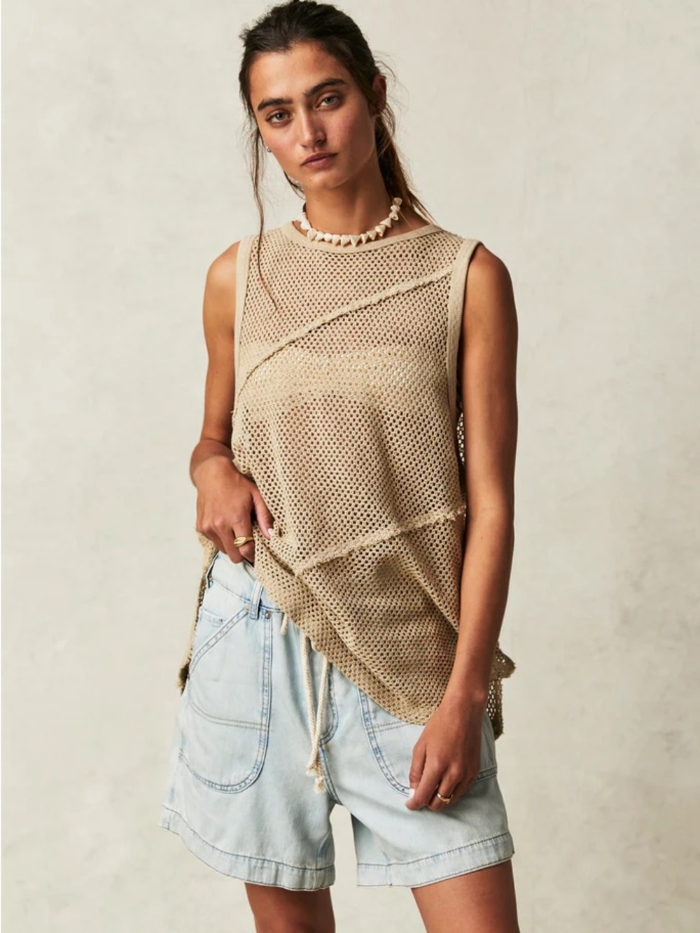 We The Free People SHORESIDE MUSCLE TAN Open Stitch Knit Tan Festival XS